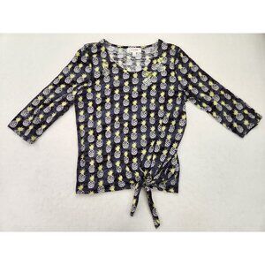 Sequins Top Women Large Black Pineapples Tie Front 1/2 Sleeve Modal Cotton Beach